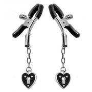 Heart padlock nipple clamps with vinyl tips.