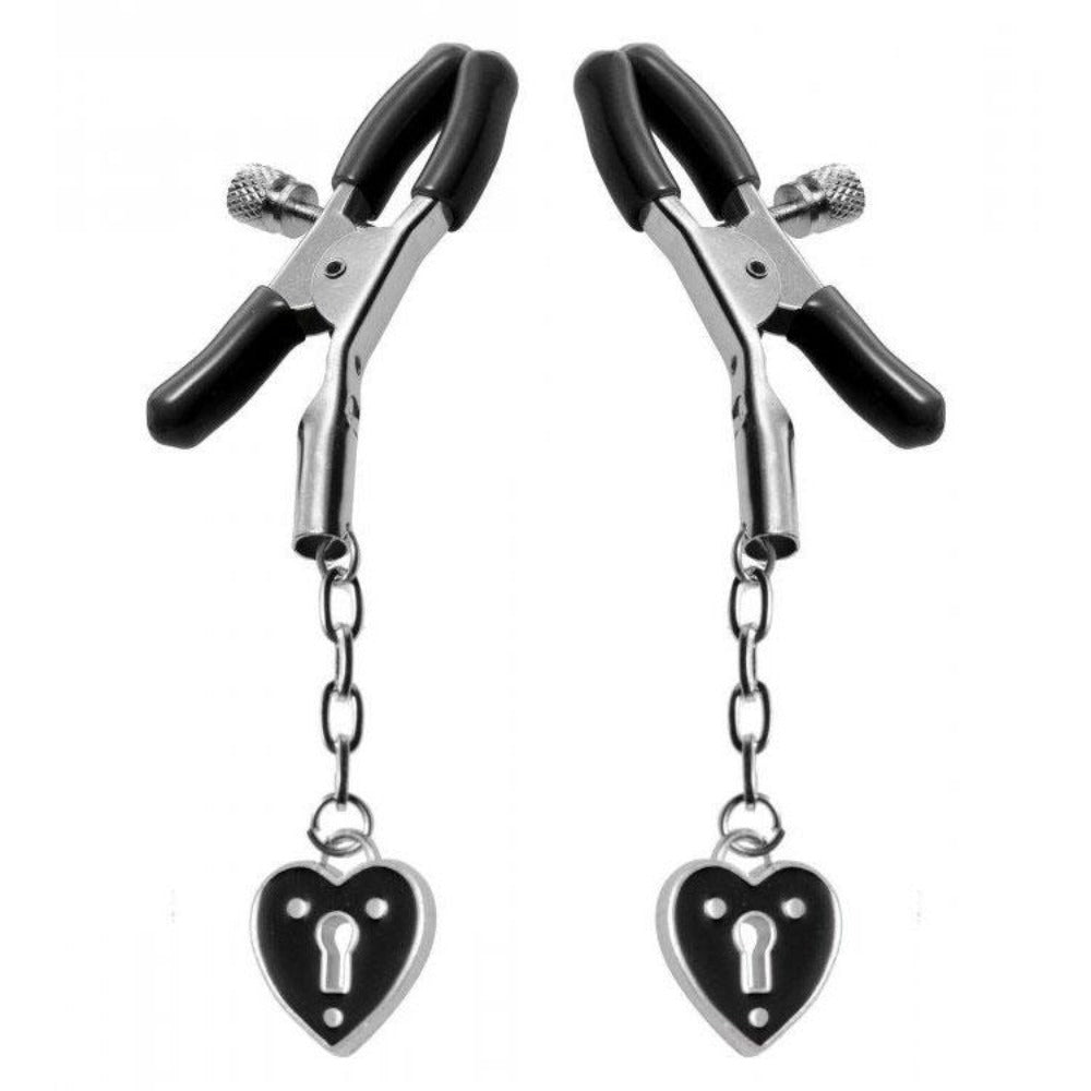 Heart padlock nipple clamps with vinyl tips.