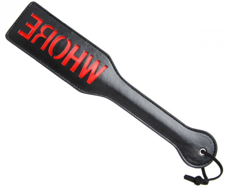 Black PU leather spanking paddle with red reversed lettering.