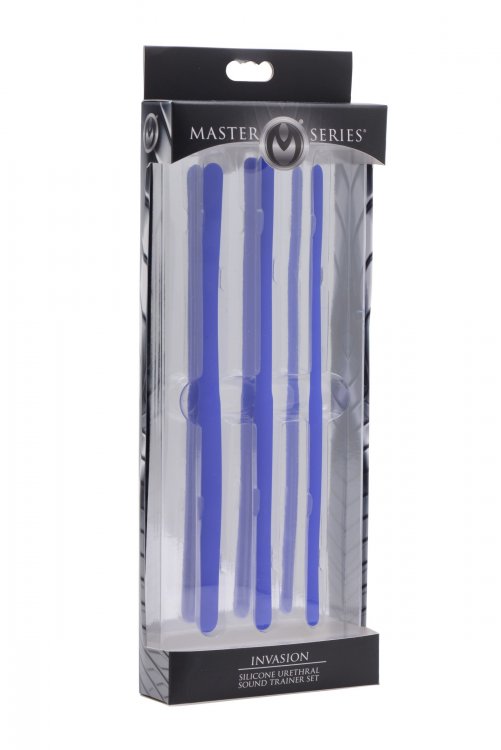 Blue silicone urethral sound trainer set in packaging.