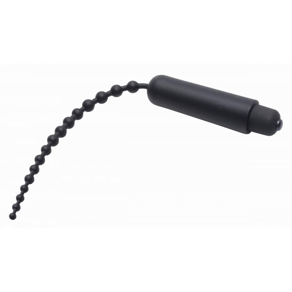 Black vibrating urethral sound with beaded tail.