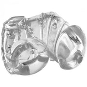 Clear TPR soft body chastity cage with a curved design.