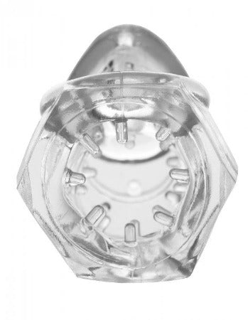 Clear TPR chastity cage with internal nubs.