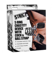Strict 5 ring chastity device with cock and ball strap.