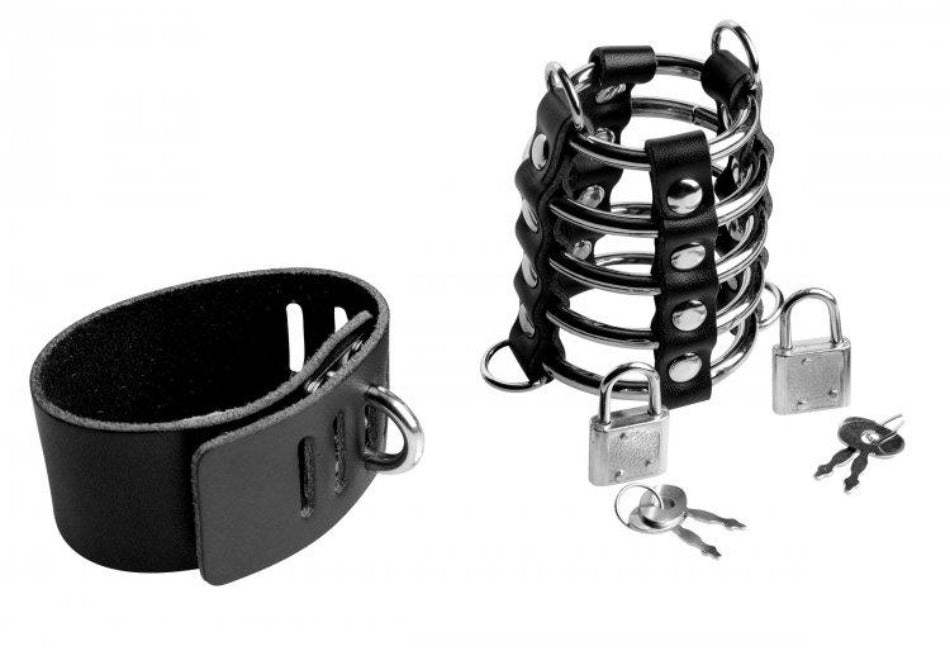 Black leather chastity device with metal rings, locks, and keys.