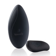 Black remote control and vibrating panty set with power and plus buttons.