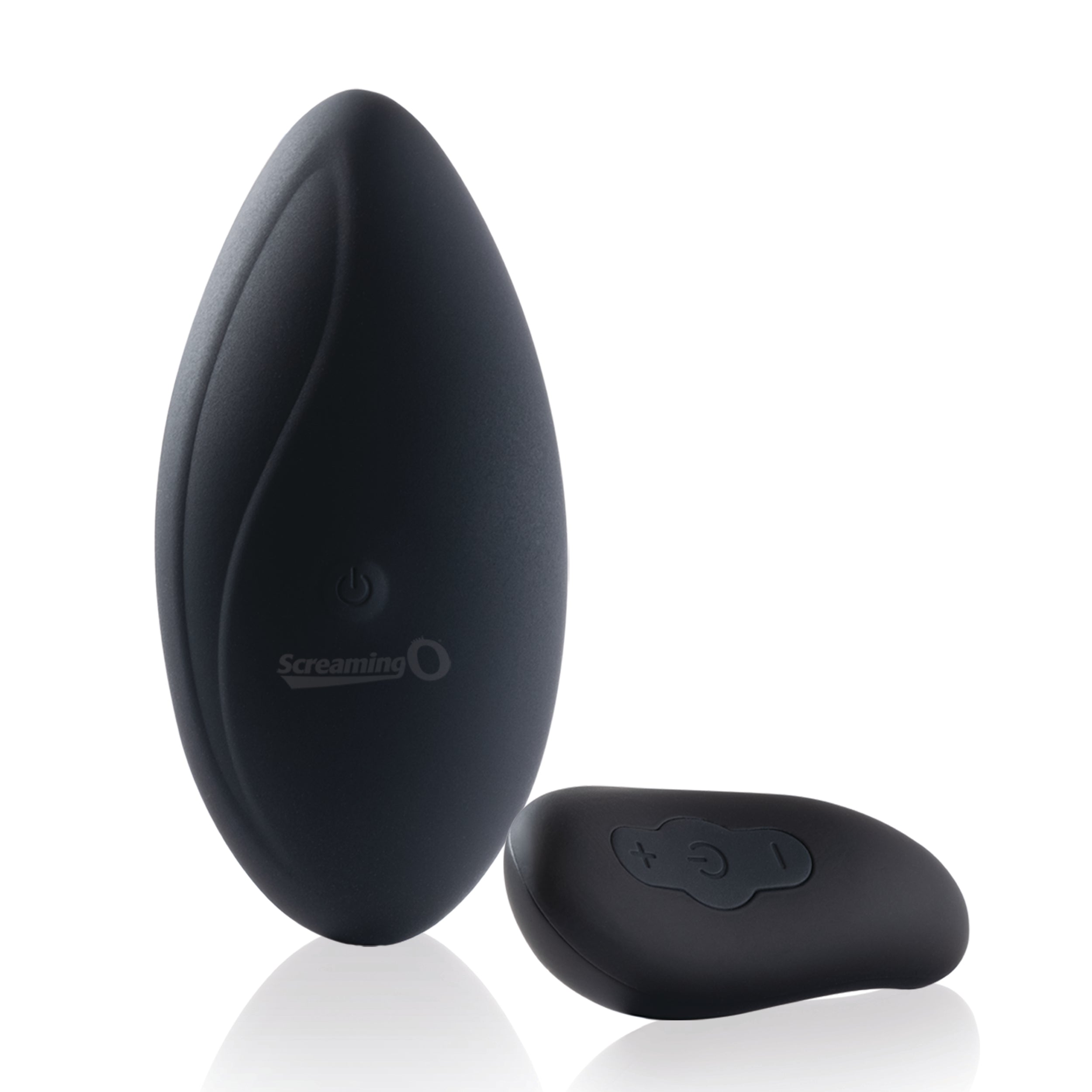 Black remote control and vibrating panty set with power and plus buttons.