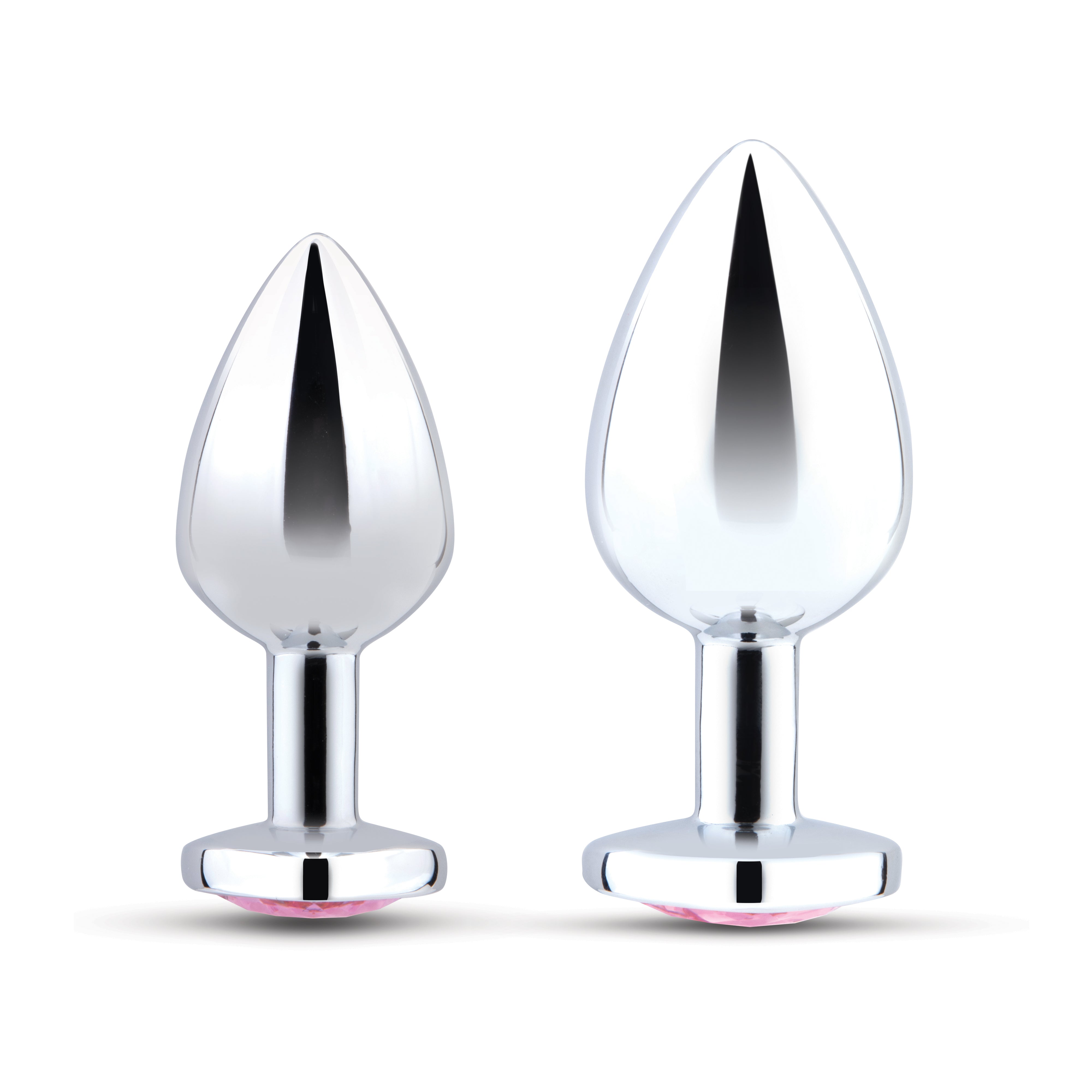 Two silver anal plugs with pink gem bases, one smaller than the other.