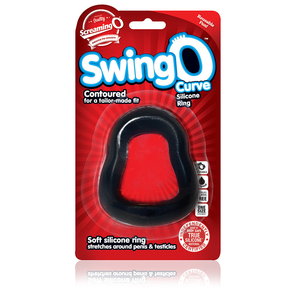 Curved black silicone cock ring with red backing in packaging.