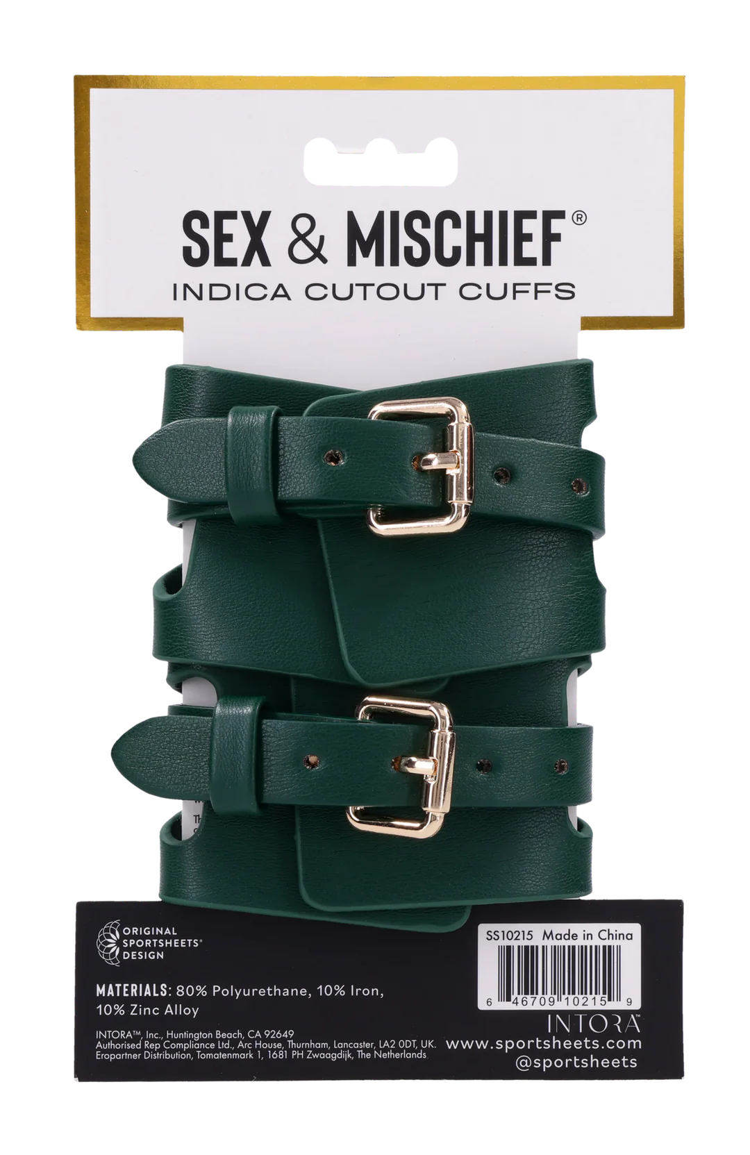 Emerald green cutout cuffs with gold buckles and straps.