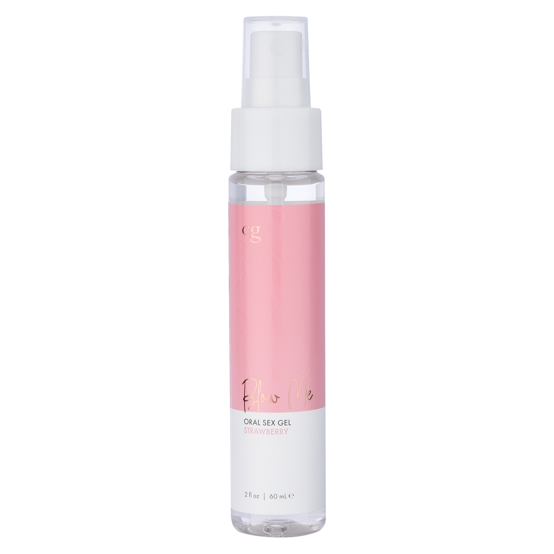 A bottle of CG Strawberry Oral Sex Gel with a pink label.
