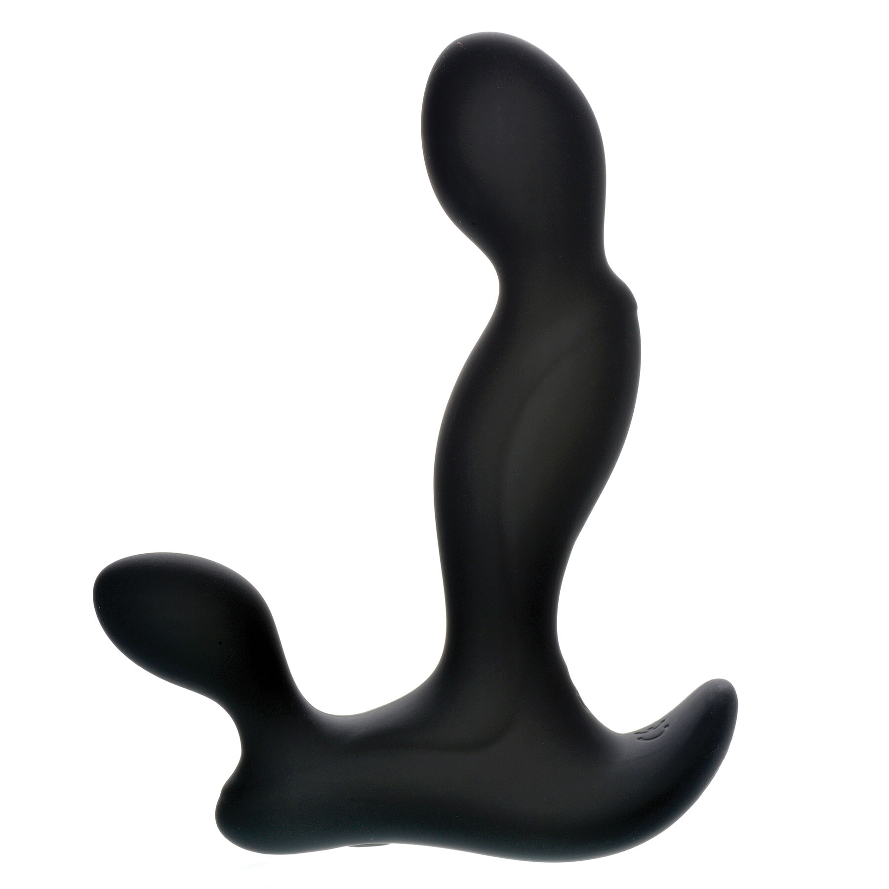 Black silicone prostate vibrator with a curved shaft and dual stimulation points.