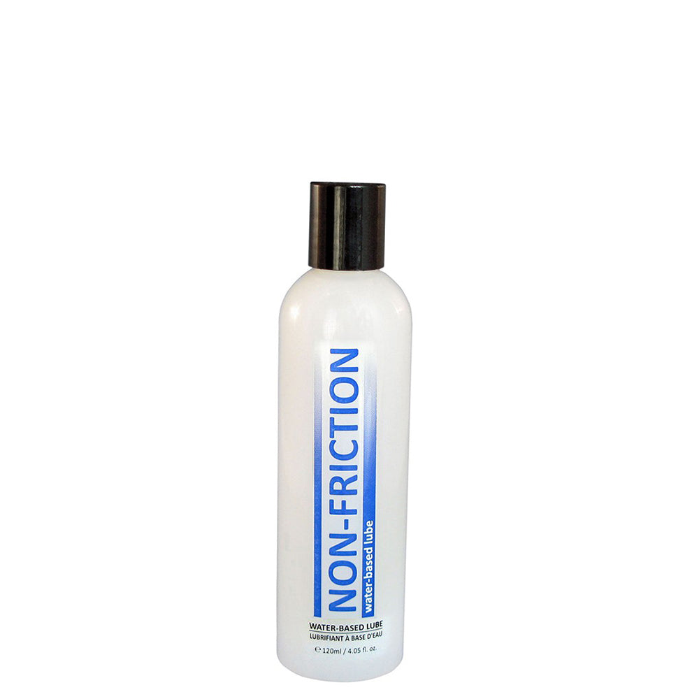 A white bottle of Non-Friction water-based lubricant with a black cap.