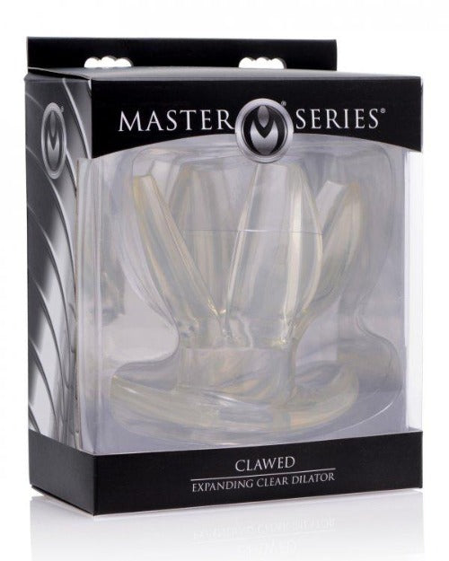 Master Series expanding clear anal dilator in packaging.