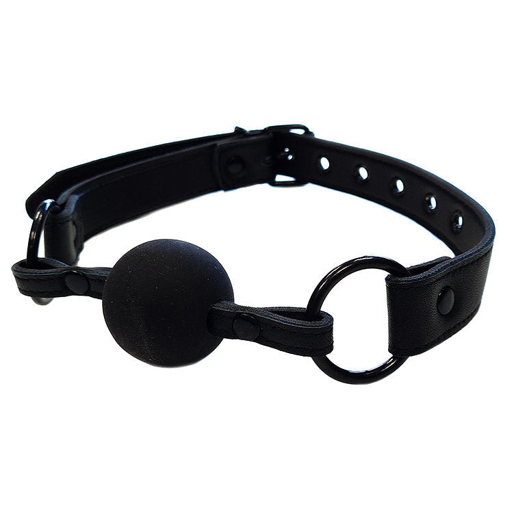 Black leather ball gag with adjustable buckle strap.