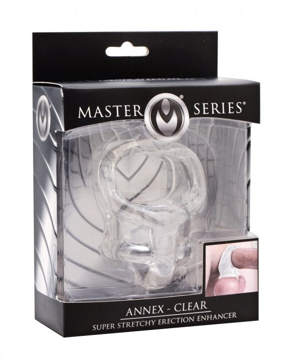 Clear TPR cock ring and ball splitter in packaging.