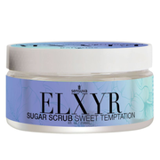 A Sensuva ELXYR sugar scrub in a clear jar with a white lid and a purple floral label.