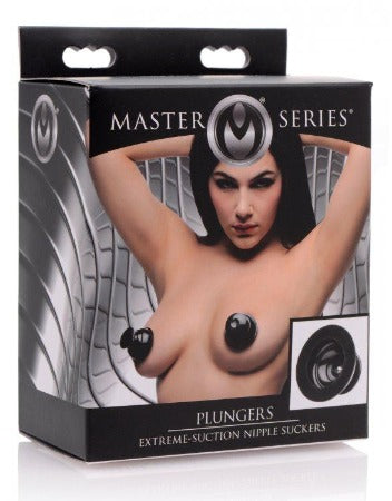 Black silicone nipple suckers in Master Series box with model demonstrating use.