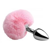 Pink fluffy bunny tail anal plug with a tapered metal base.