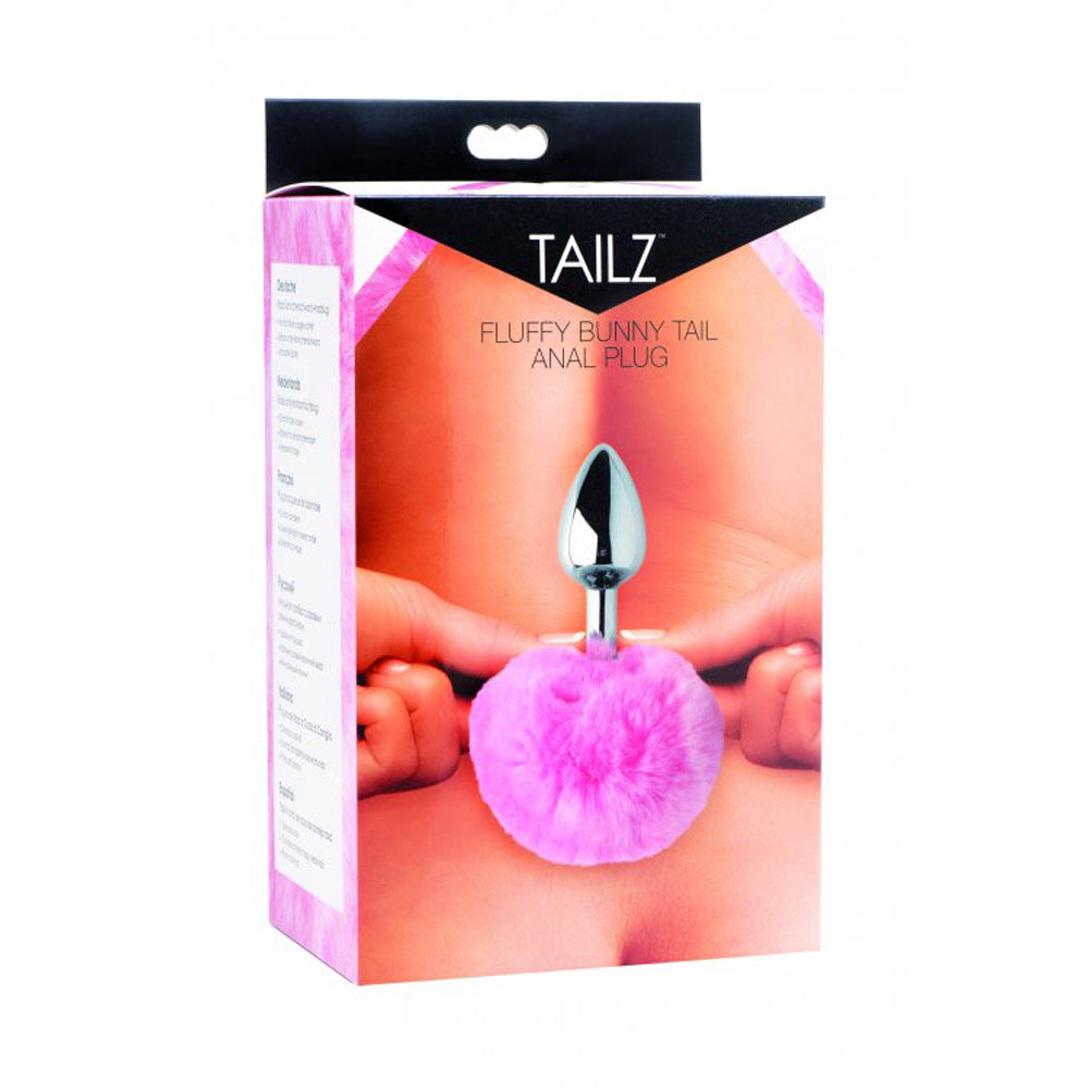 Pink fluffy bunny tail anal plug with a metal base.