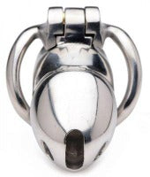 Stainless steel chastity cage with an internal lock and two keys.