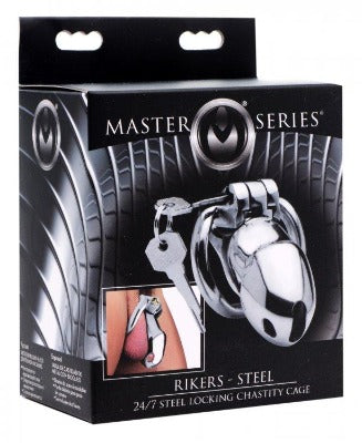 Stainless steel chastity cage with internal lock and keys.