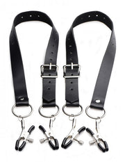 Black adjustable straps with metal clamps and rings.
