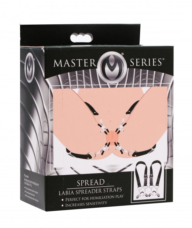 Adjustable labia spreader straps with clamps in black.