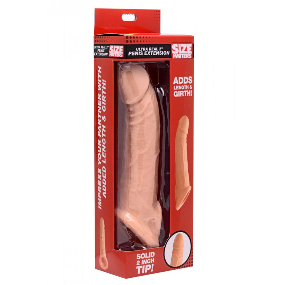 Solid tip penis extension sleeve with scrotum strap in red packaging, 8.5 inches long.