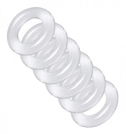 Six clear, translucent rings are arranged diagonally on a white background.
