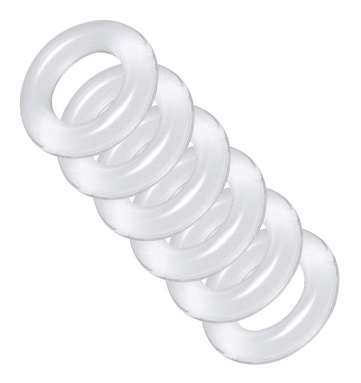 Six clear, translucent rings are arranged diagonally on a white background.