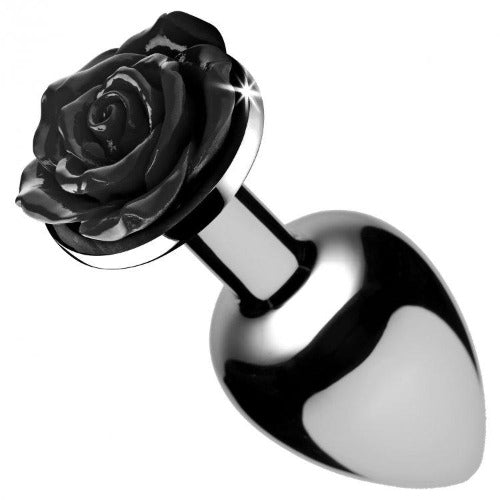 Small black rose anal plug made of aluminum alloy.