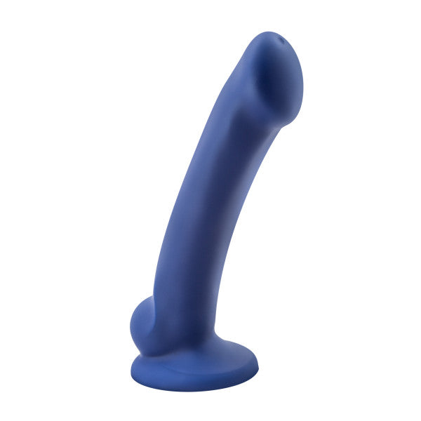 Blue silicone realistic dildo with curved shaft and suction base.