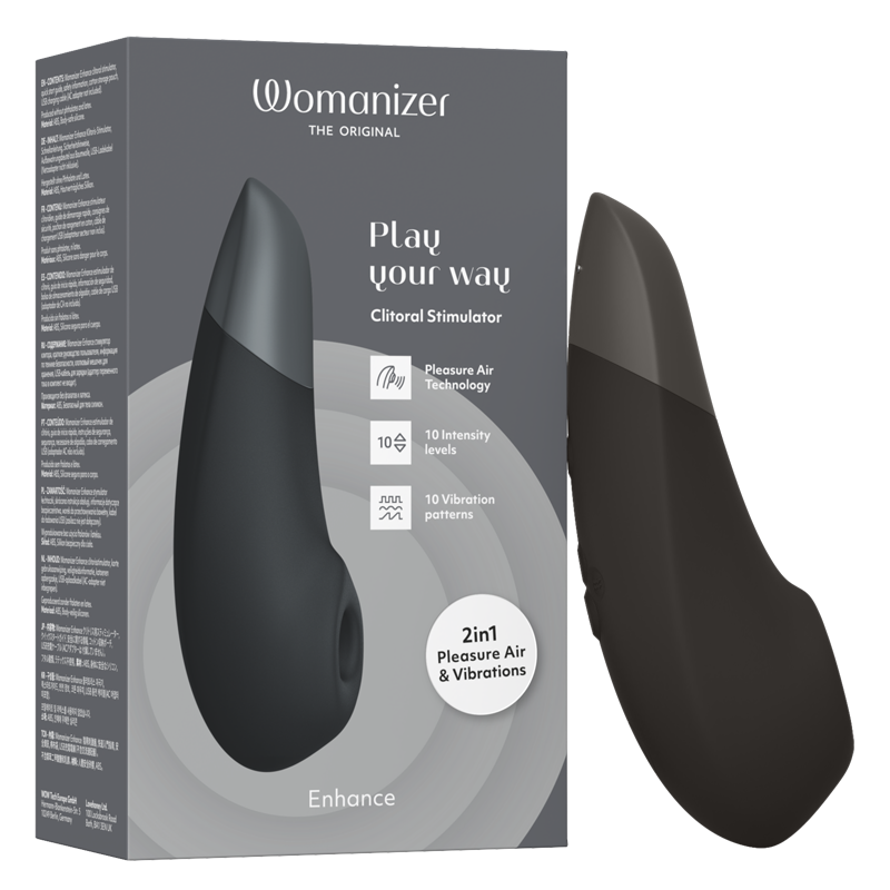A black Womanizer Enhance clitoral stimulator with Pleasure Air Technology.