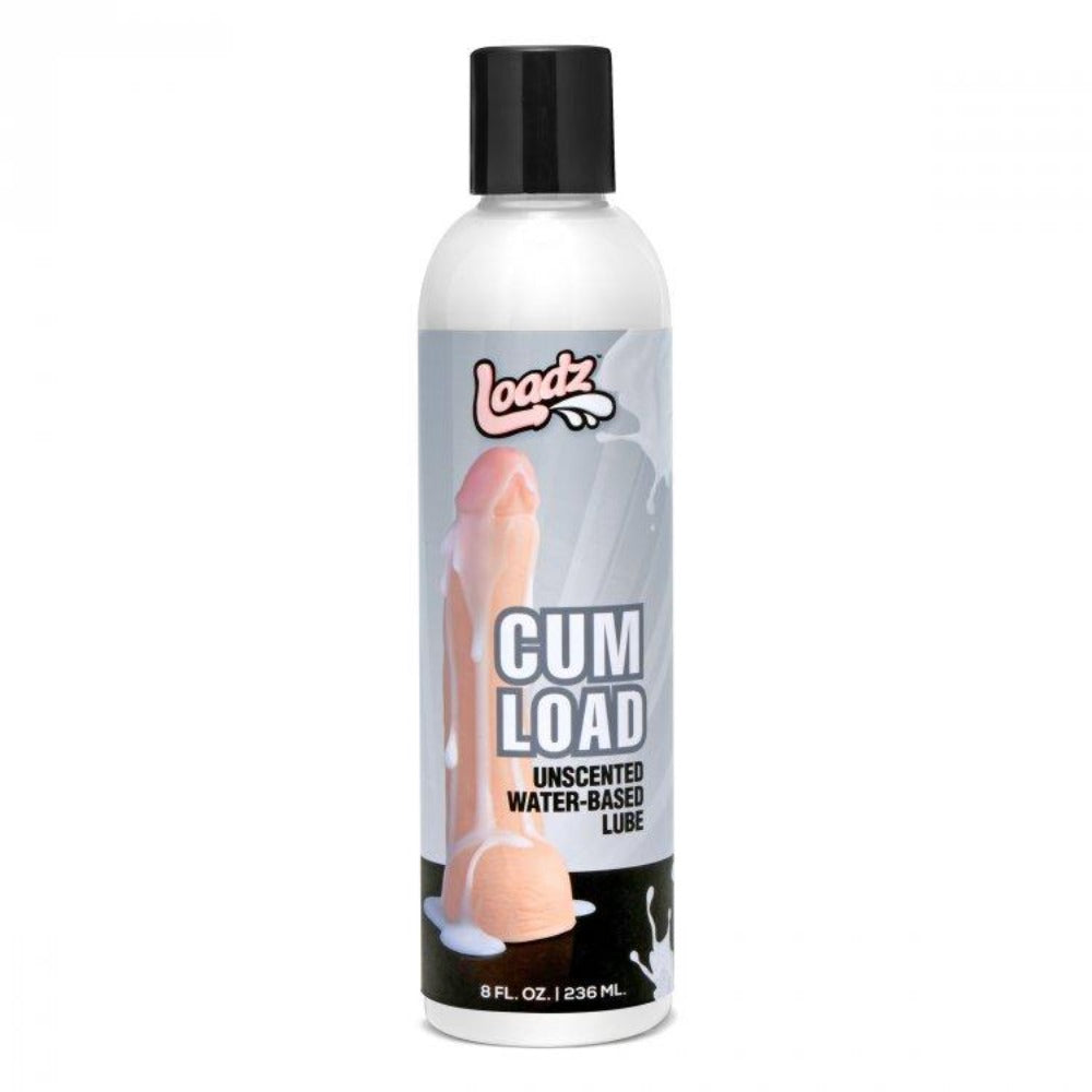 A bottle of Loadz Cum Load unscented water-based lube with a penis graphic.