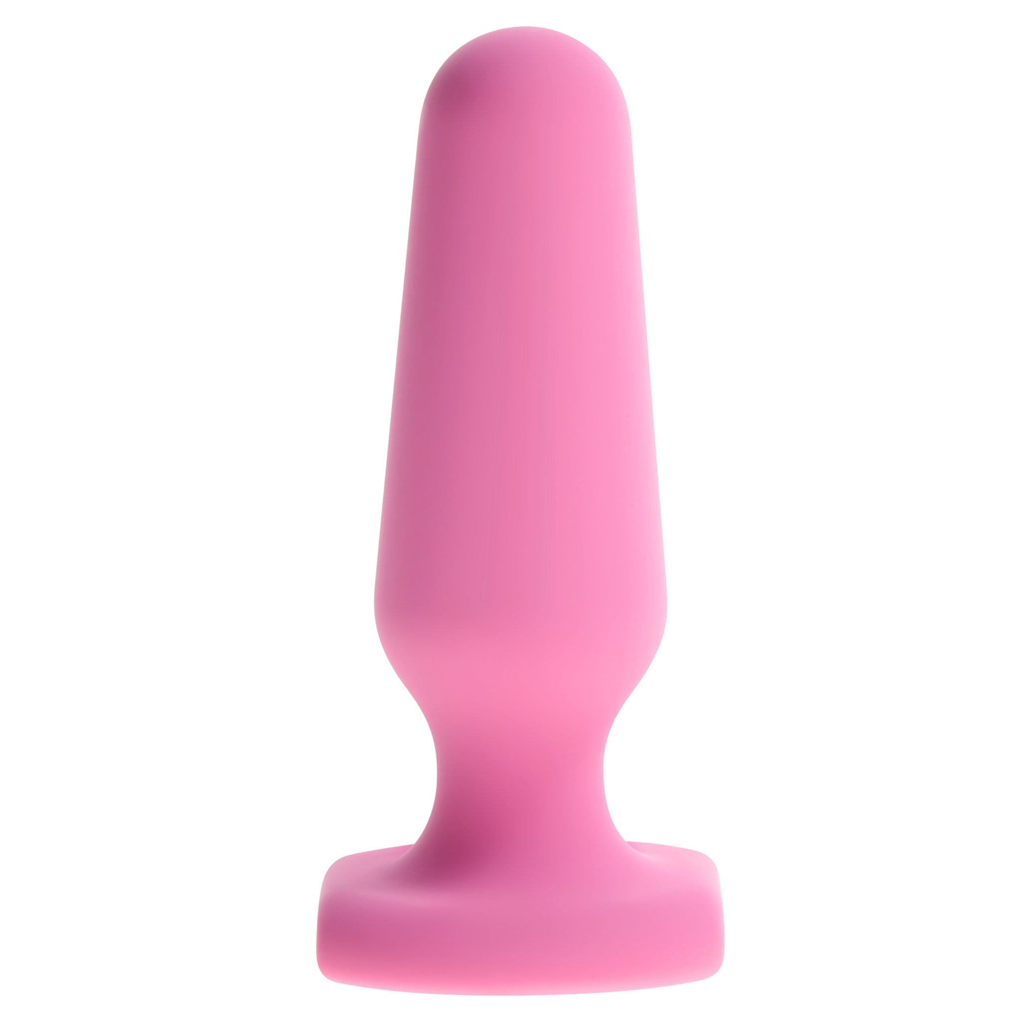 Pink silicone anal plug with a flared base.