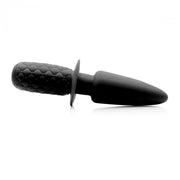 Black silicone anal thruster with a textured hilt and tapered tip.