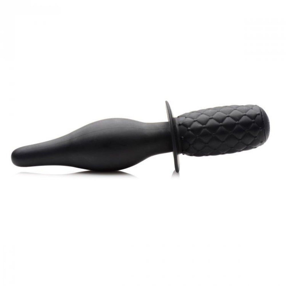 Black silicone anal thruster with a textured handle and flared base.