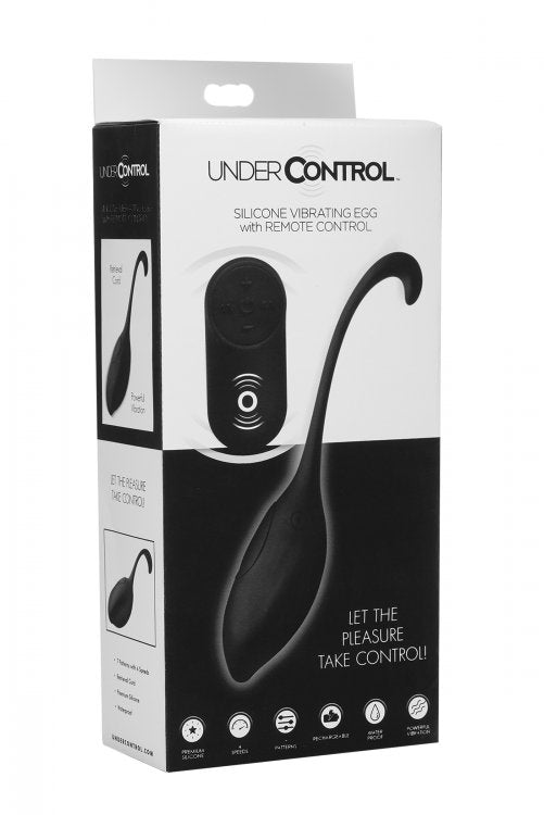 Black silicone vibrating egg with remote control on its packaging.