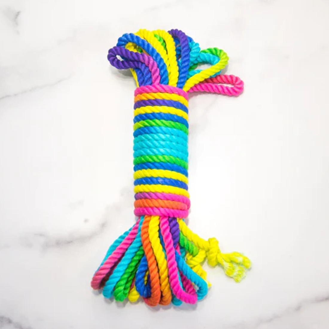 Rainbow bamboo silk bondage rope with multiple colors.