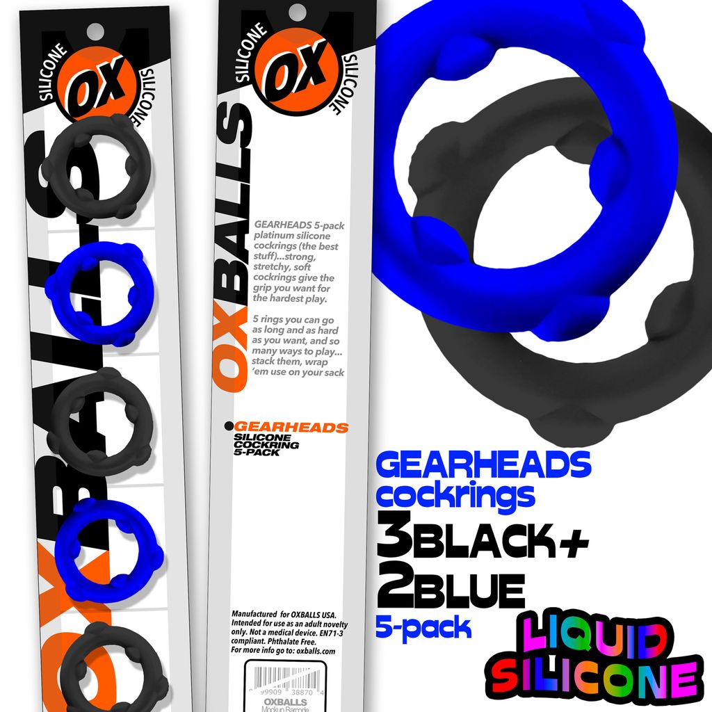 Oxballs Spinner Silicone Cock Ring 5-Pack in blue and black.