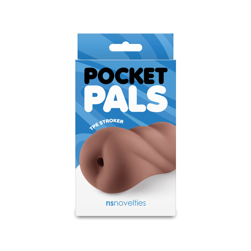 Brown TPE anal stroker in packaging labeled "Pocket Pals".
