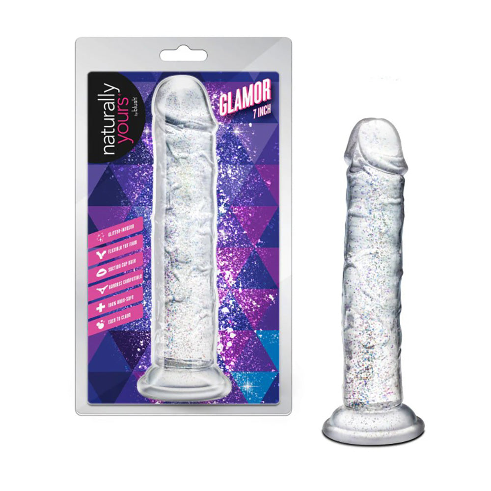 Clear 7-inch sparkling suction cup dildo in transparent material on blush packaging.