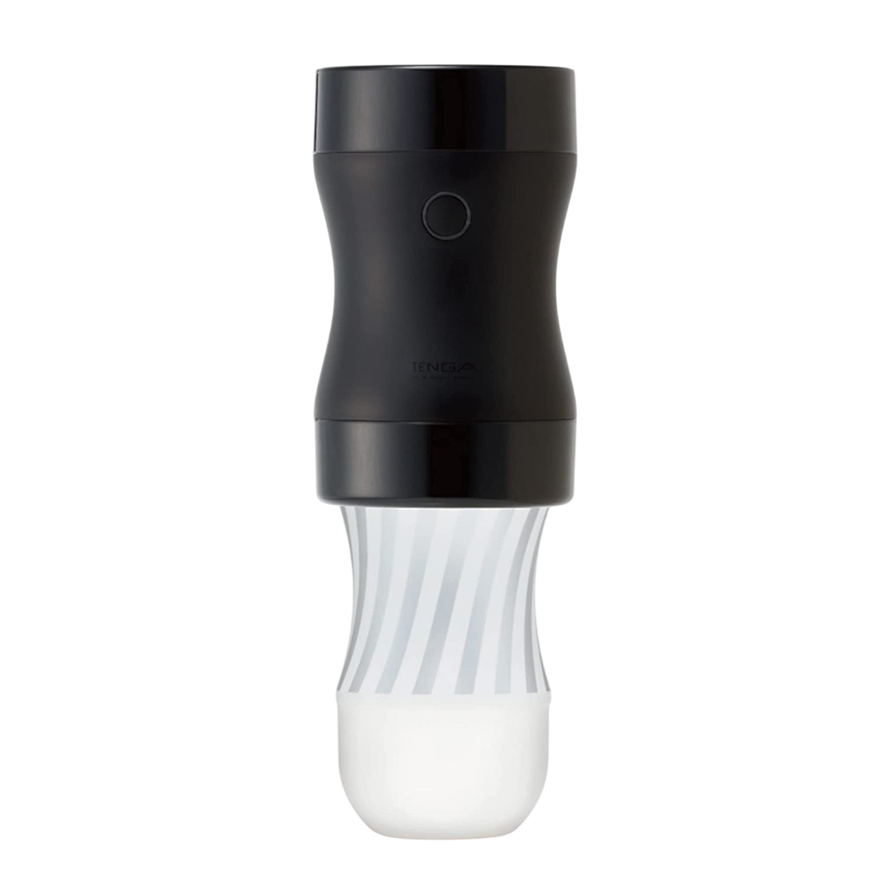 Black Tenga cup with a white and silver striped textured sleeve.