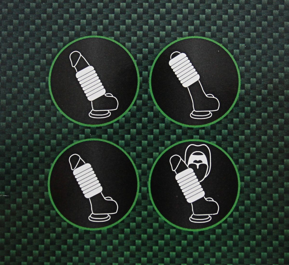 Four circular icons depicting a ribbed masturbator, with one showing it near a mouth.