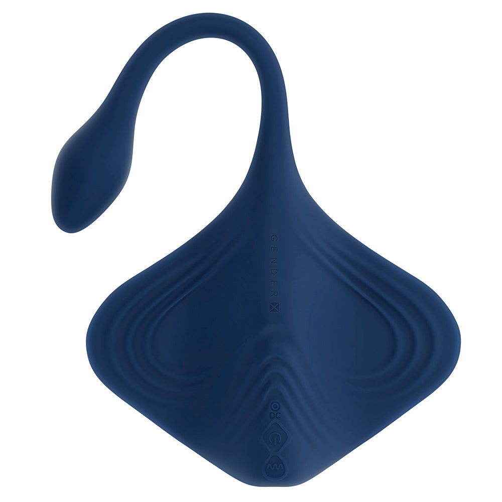 A blue silicone stingray-shaped vibrator with a curved tail.