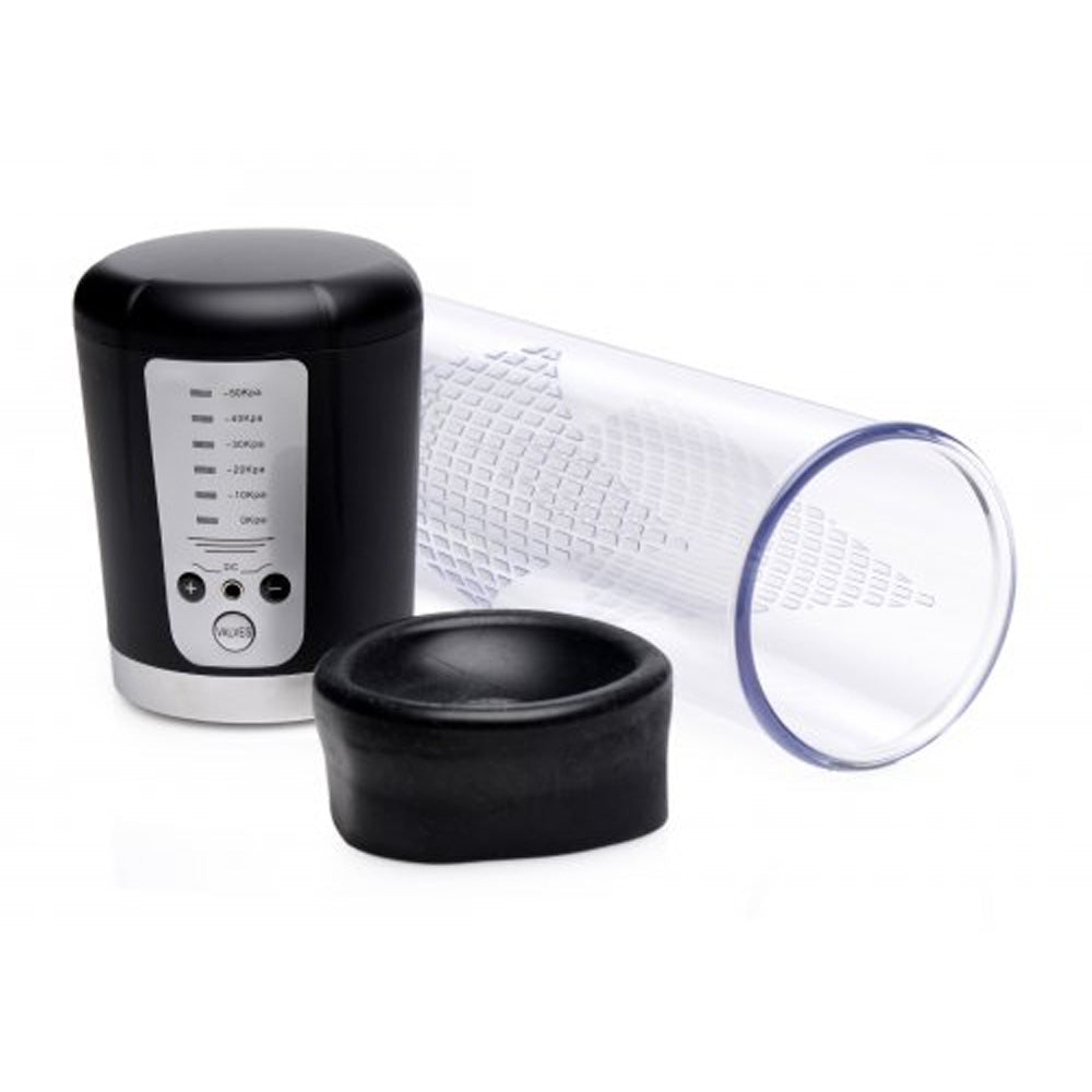 Automatic rechargeable penis pump with 5 suction levels and clear cylinder.