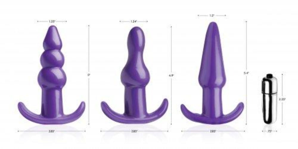 Three purple anal plugs of different shapes and a silver vibrating bullet.