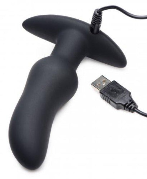 Black silicone vibrating prostate plug with USB charging cable.