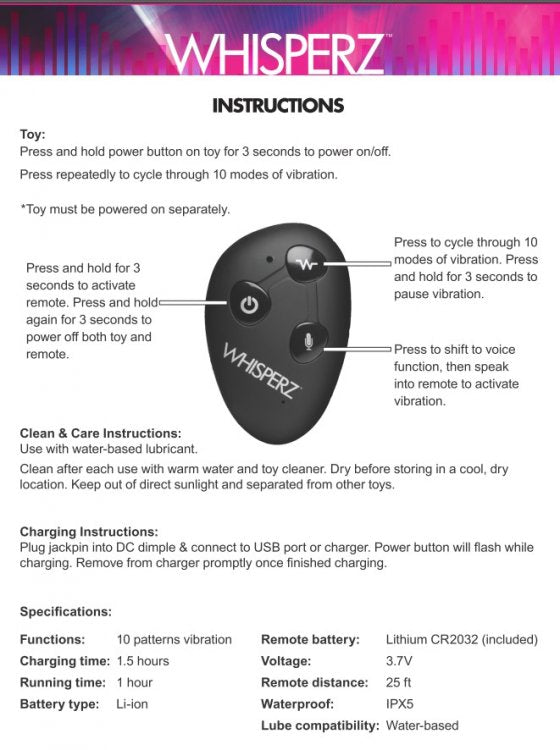 Remote-controlled vibrating prostate plug with voice activation and 10 vibration patterns.